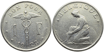 Бельгия 1 франк 1923 Belgique, Альберт I (1909-1934) KM 89 никель 23-556