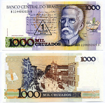 БРАЗИЛИЯ 1 НОВЫЙ КРУЗАДО 1989 ПОДПИСЬ 26, НАДПЕЧАТКА НА 1000 КРУЗЕЙРО 1988, СЕРИЯ В Pick 216b бумага UNC (ПРЕСС) 7222-54-1