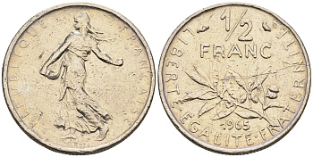Франция 1/2 франка 1965 сеятель KM 931, Le Franc 198.3 никель    4169-146