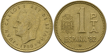 Испания 1 песета 1980 (82) чемпионат мира по футболу 1982 года в Испании, Хуан Карлос I (1975 - 2014) KM 816 алюминиевая бронза 4604-311