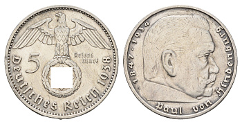 Германия 5 рейхсмарок 1938 A, Пауль фон Гинденбург (1847-1934) KM 94, J. 367 серебро 1518-1443