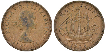 Великобритания 1/2 пенни 1964 Елизавета II (1952-2022) KM 896, Spink 4158 бронза 72-225