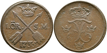 Швеция 1 эре 1735 S.M. Фредерик I (1720-1751) KM 416.1 медь 23-441