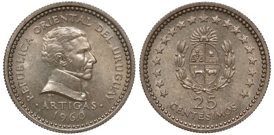 Уругвай 25 сентесимо 1960 KM 40 медно-никель 4169-1021