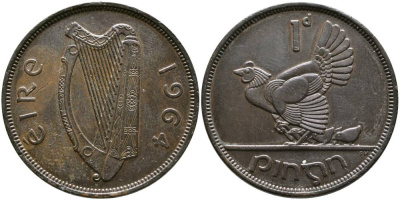 ИРЛАНДИЯ 1 ПЕННИ 1964 КУРИЦА С ЦЫПЛЯТАМИ KM 11 бронза 4531-714