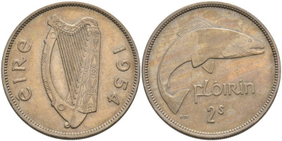 Ирландия 1 флорин 1954 лосось KM 15а медно-никель 88-712