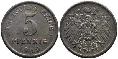 ГЕРМАНИЯ 5 ПФЕННИГОВ 1919 D, РАСКОЛ ШТЕМПЕЛЯ KM 19, Jager 297, Weege 5 железо 4547-615