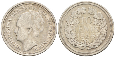 Нидерланды 10 центов 1928 Вильгельмина I (1890-1948) КМ 163 серебро  4160-1222