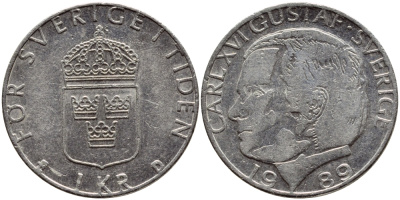 Швеция 1 крона 1989 Карл XVI Густав (1973- ) KM 852a медно-никель 4397-1233