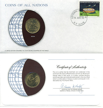 ВАЛЮТНЫЙ СОЮЗ СТРАН ЗАПАДНОЙ АФРИКИ, БЕНИН 25 ФРАНКОВ 1982 КОНВЕРТ С МАРКОЙ ПЕРВОГО ДНЯ ГАШЕНИЯ, COINS OF NATIONS KM 9 алюминиевая бронза UNC 4294-55-2