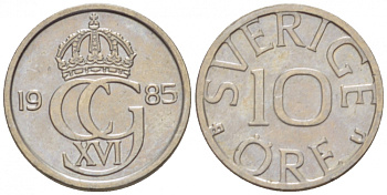 Швеция 10 эре 1985 U, Карл XVI Густав (1973- ) KM 850 медно-никель 3955-354