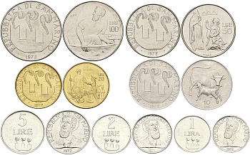 Сан-Марино годовой набор из 7 монет 1972 1, 2, 5, 10, 20, 50 и 100 лир KM 14-20 UNC 3-6-4-39