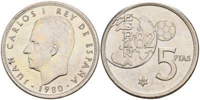 Испания 5 песет 1980 (80), Хуан Карлос , чемпионат мира по футболу, Испания 1982 KM 817 медно-никель UNC 4143-244