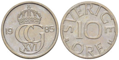 Швеция 10 эре 1985 U, Карл XVI Густав (1973- ) KM 850 медно-никель 3955-354
