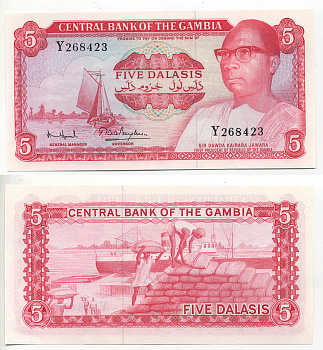 Гамбия 5 даласи ND (1972-1986) Дауда Кайраба Джавара, парусник Pick 5 d бумага UNC (пресс) 6278-48-2