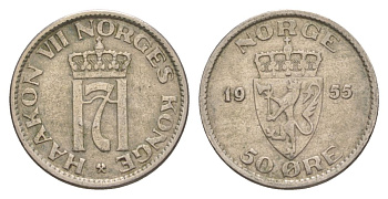 Норвегия 50 эре 1955 Хокон VII (1905-1957) KM 402 медно-никель 4635-417
