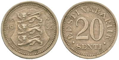Эстония 20 центов 1935 Республика (1918-1941) KM 17 никель бронза 4615-1121