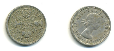 Великобритания 6 пенсов 1958 Елизавета II (1952-2022) KM 903, Spink 4149 медно-никель 23-822