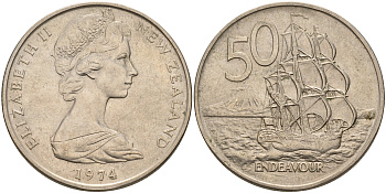 Новая Зеландия 50 центов 1974 Елизавета II (1952-2022), парусник Индевор KM 37.1 медно-никель    4599-1115