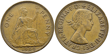 Великобритания 1 пенни 1966 Елизавета II (1952-2022) KM 897, Spink 4157 бронза 4389-843