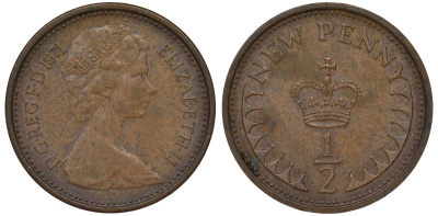 Великобритания 1/2 пенни 1971 Елизавета II (1952-2022) KM 914, Spink 4239 бронза 4124-464
