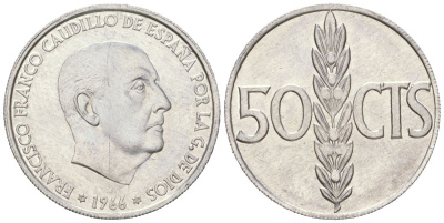 Испания 50 сентимо 1966 (74) Франсиско Франко (1939-1975) KM 795 алюминий UNC 261-653