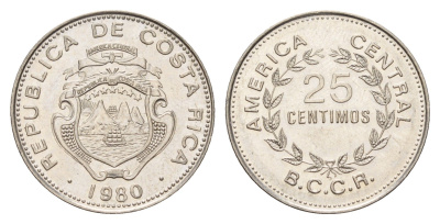 Коста-Рика 25 сентимо 1980 KM 188.1a сталь плакированная никелем 183-747