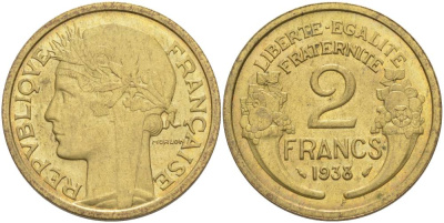 ФРАНЦИЯ 2 ФРАНКА 1938 ТИП MORLON KM 886, LE FRANC 268.11 алюминиевая бронза 69-1241