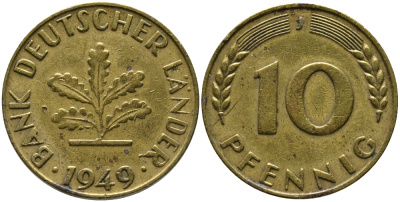 ФРГ 10 ПФЕННИГОВ 1949 J KM 103, J. 378 сталь плакированная латунью 98-527