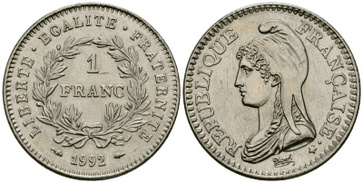 Франция 1 франк 1992 200 лет Французской республике KM 1004.1, Le Franc 229.2 никель 4171-1151