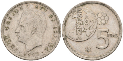 Испания 5 песет 1980 (81) Хуан Карлос I (1975 - 2014) KM 817 медно-никель 4155-753