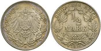ГЕРМАНИЯ 1/2 МАРКИ 1916 D J. 16, KM 17 серебро UNC 65-244