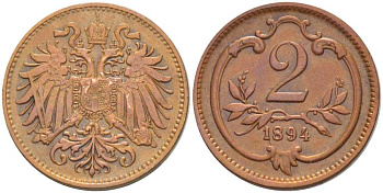 АВСТРИЯ 2 ГЕЛЛЕРА 1894 ФРАНЦ ИОСИФ (1846-1918) KM 2801 бронза 201-323