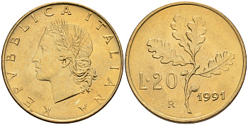 Италия 20 лир 1991 R, дубовый лист KM 97.2 алюминиевая бронза  UNC  4594-768