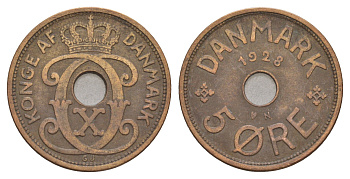 Дания 5 эре 1928 N, Кристиан X (1912-1947) KM 828 бронза 4657-241