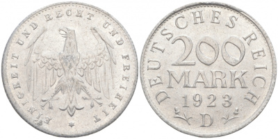 ГЕРМАНИЯ 200 МАРОК 1923 D KM 35, J. 304 алюминий 73-1056