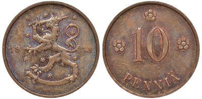 Финляндия 10 пенни 1938 KM 24 медь 51-3016