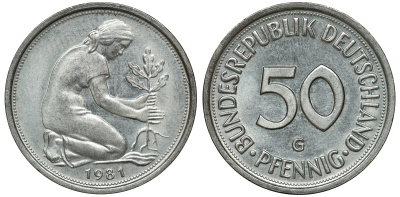 ФРГ 50 ПФЕННИГОВ 1980 F J 384a, KM 109.2 медно-никель aUNC 72-1113