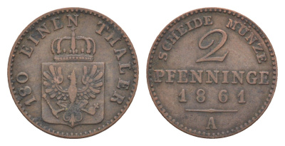 Пруссия 2 пфеннига 1861 A, Вильгельм I (1861-1888) KM 481, Jaeger 51, AKS 107, Olding 425 медь 4651-254