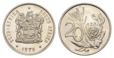 ЮАР 20 центов 1970 тираж 10.000 экземпляров KM 86 медно-никель PROOF 603-1222