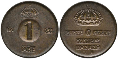 Швеция 1 эре 1964 U, Густав VI Адольф (1950-1973) KM 820 бронза 201-1154