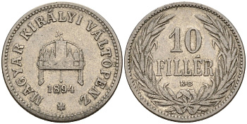 Венгрия 10 филлеров 1894 KB, Франц Иосиф I (1848-1916) KM 482 никель 4151-1063