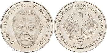 ФРГ 2 марки 1990 J, Людвиг Эрхард, 40 лет Федеративной Республике (1948-1988) KM 170, J. 445 медно-никель плакированный никелем 4583-121
