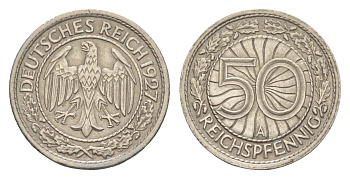 Германия 50 рейхспфеннигов 1927 A KM 49, J. 324 никель 4549-1132