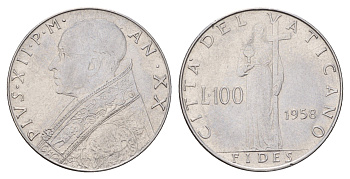 Ватикан 100 лир 1958 Пий XII (1939-1958) KM 55 нержавеющая сталь 4671-1013