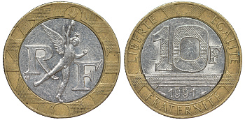 Франция 10 франков 1991 тип Гений Бастилии KM 964.1, Le Frank 375.6 биметалл 45-823