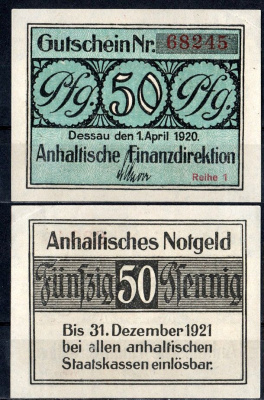 Анхальт 50 пфеннигов 1920 Mehl Grabowski A17.5b.1 бумага UNC (пресс) 7556-43-1-2