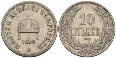 Венгрия 10 филлеров 1894 KB, Франц Иосиф I (1848-1916) KM 482 никель 4151-1063