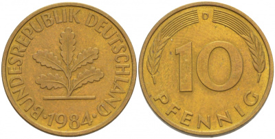 ФРГ 10 ПФЕННИГОВ 1984 D KM 108, J.383 сталь плакированная латунью 3996-645