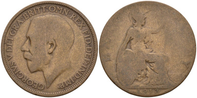 Великобритания 1/2 пенни 1913 Георг V (1910-1936) KM 809, Spink 4056 бронза 4143-646